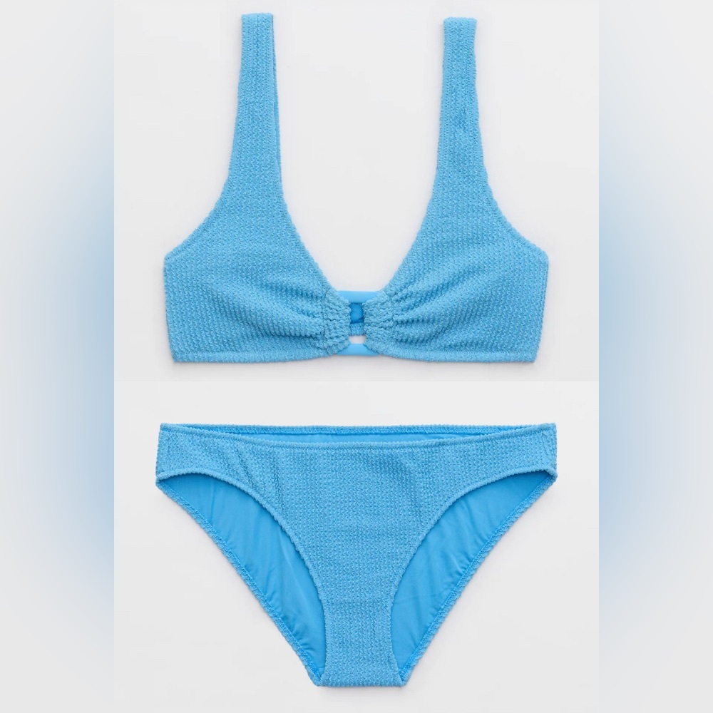 NWT Aerie FULL SET Shimmery Crinkle Ring Scoop Top + Full Coverage Bottom Blue M